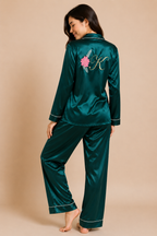 Green Floral Initials Personalise Satin Pj Set