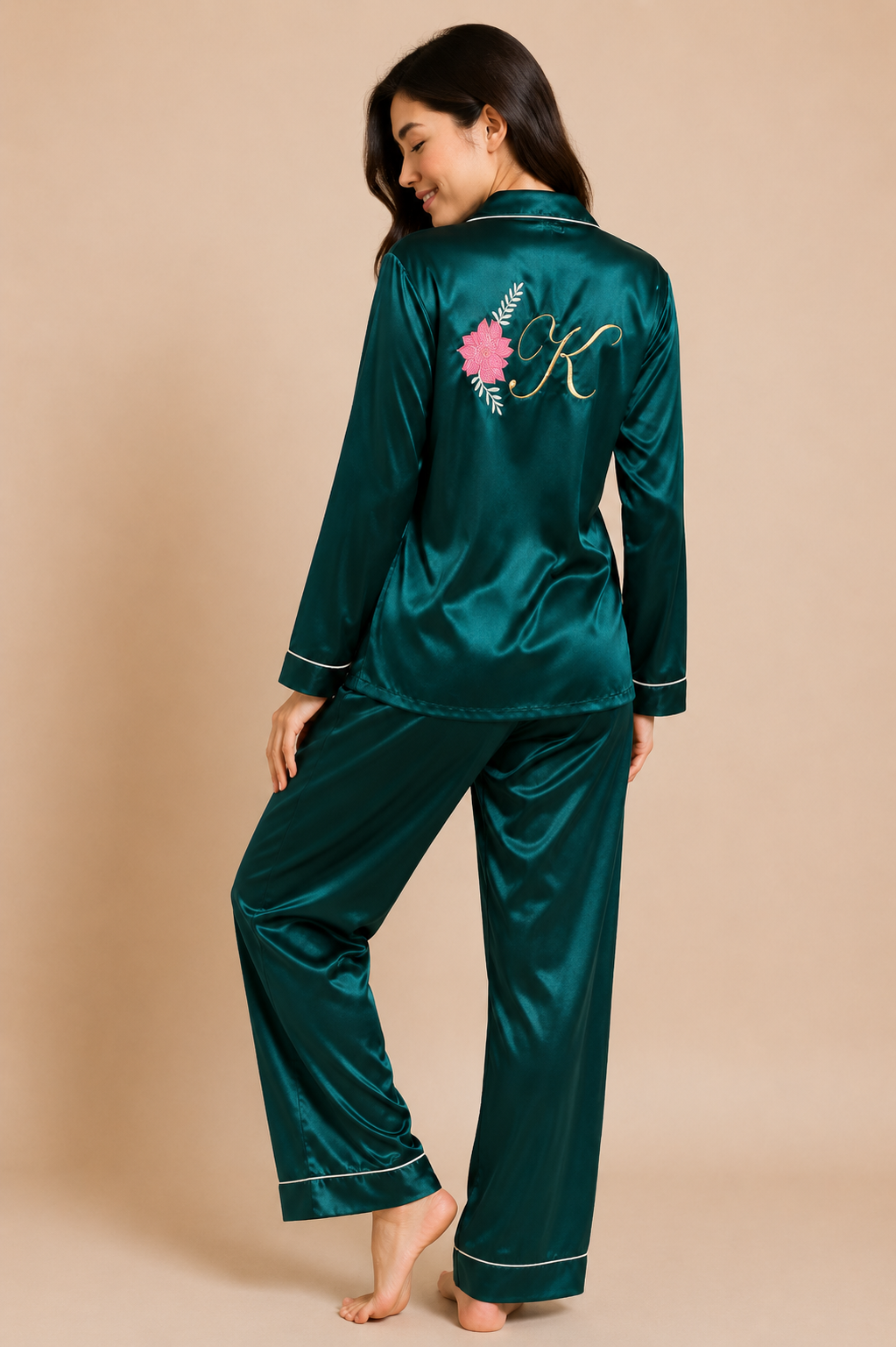 Green Floral Initials Personalise Satin Pj Set