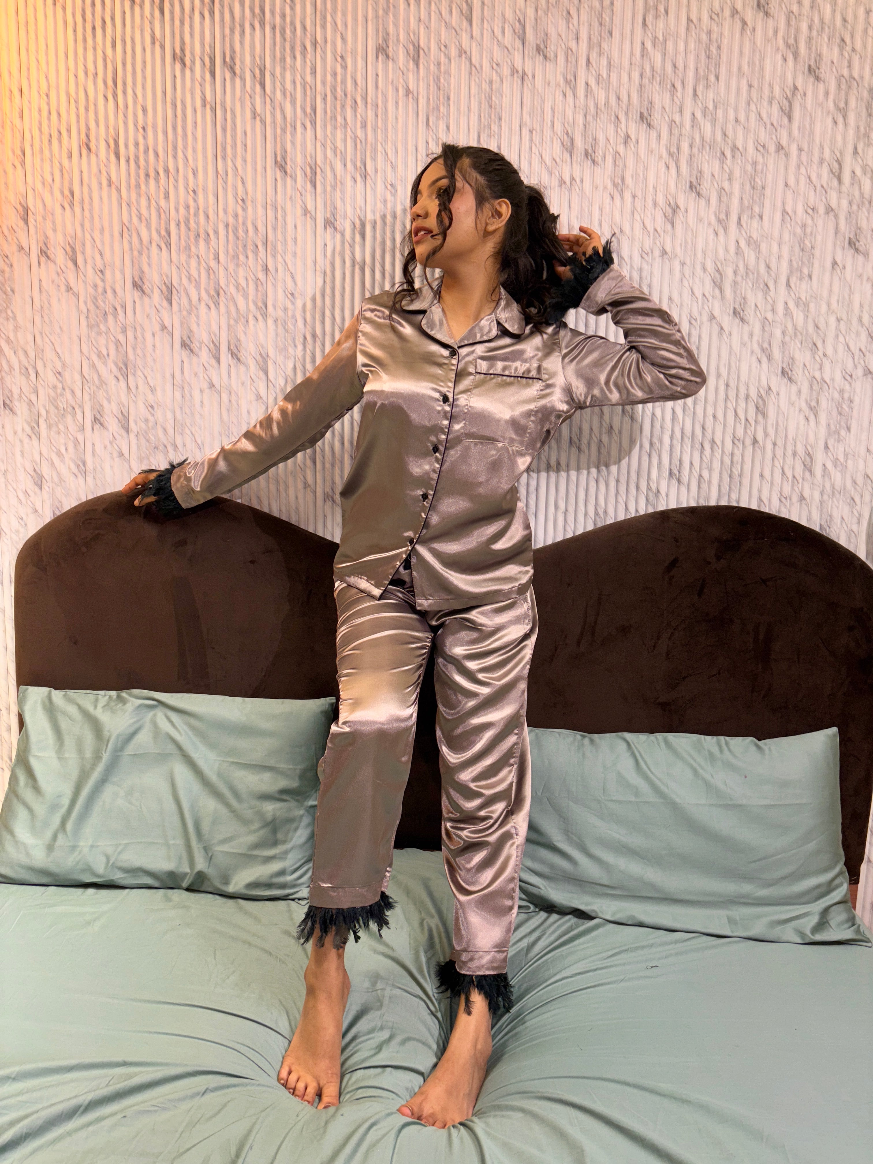Gray Feathers Pj Set