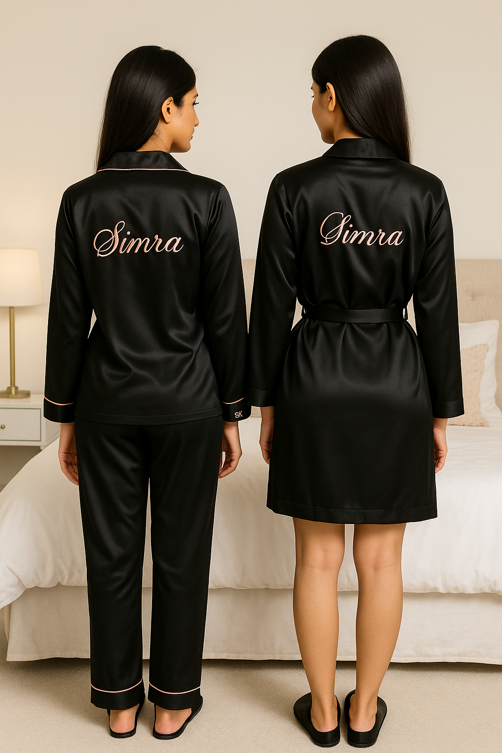 Personalise Black Satin Robe + Pj Set   | Prepaid Orders Only