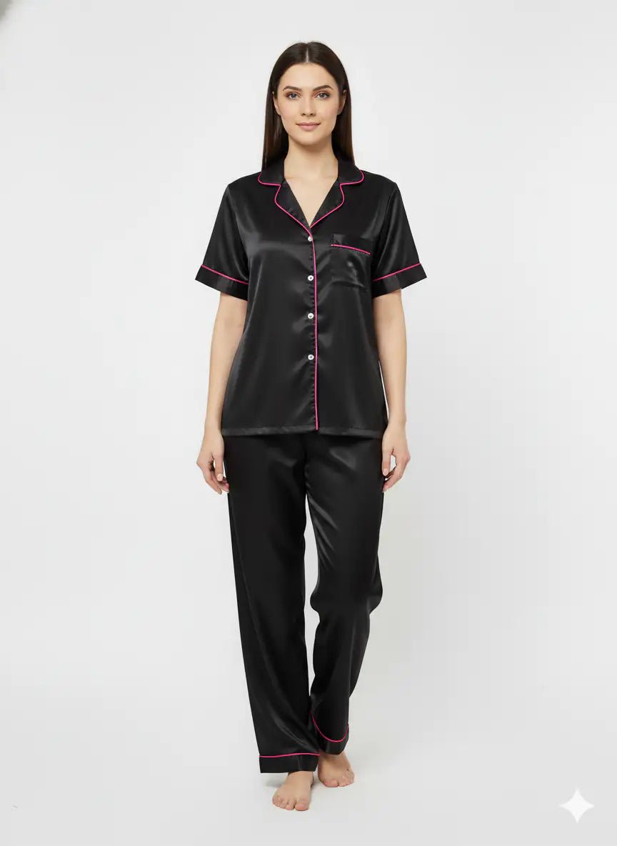 Black Personalise Satin Pj Set | Prepaid Orders Only - Comfy Nights