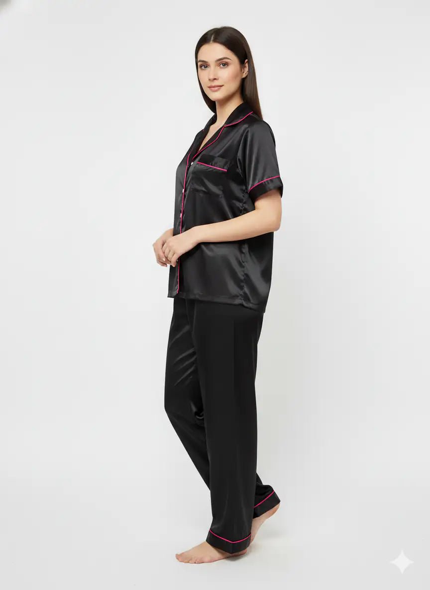 Black Personalise Satin Pj Set | Prepaid Orders Only - Comfy Nights
