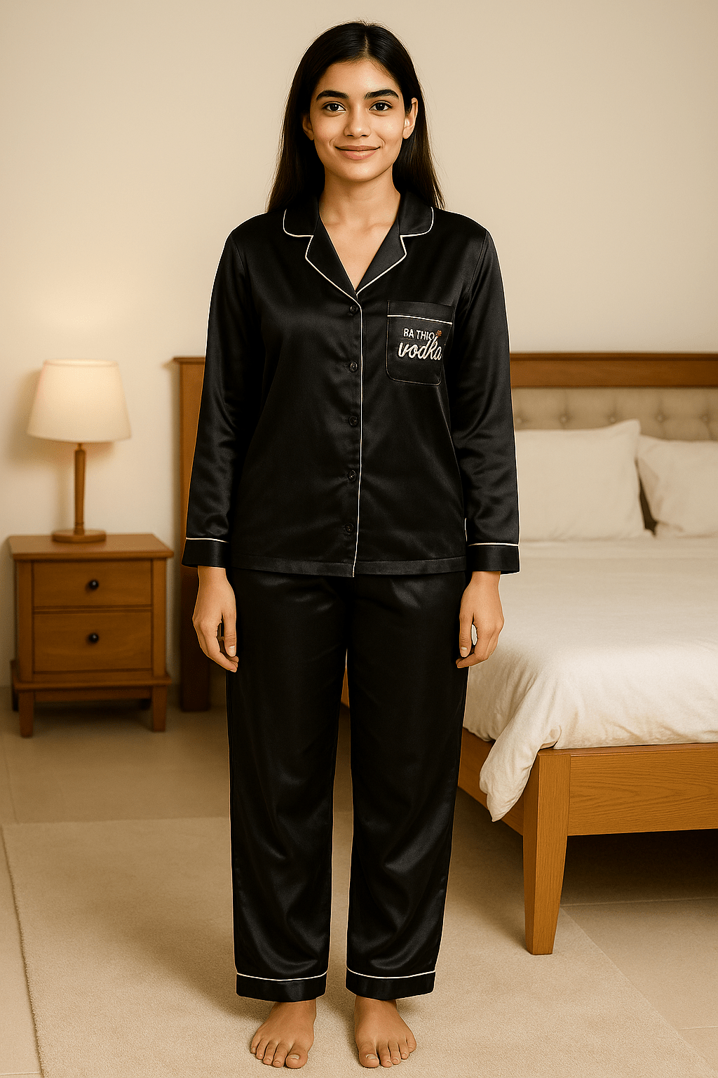 Black Personalise Satin Pj Set | Prepaid Orders Only - Comfy Nights