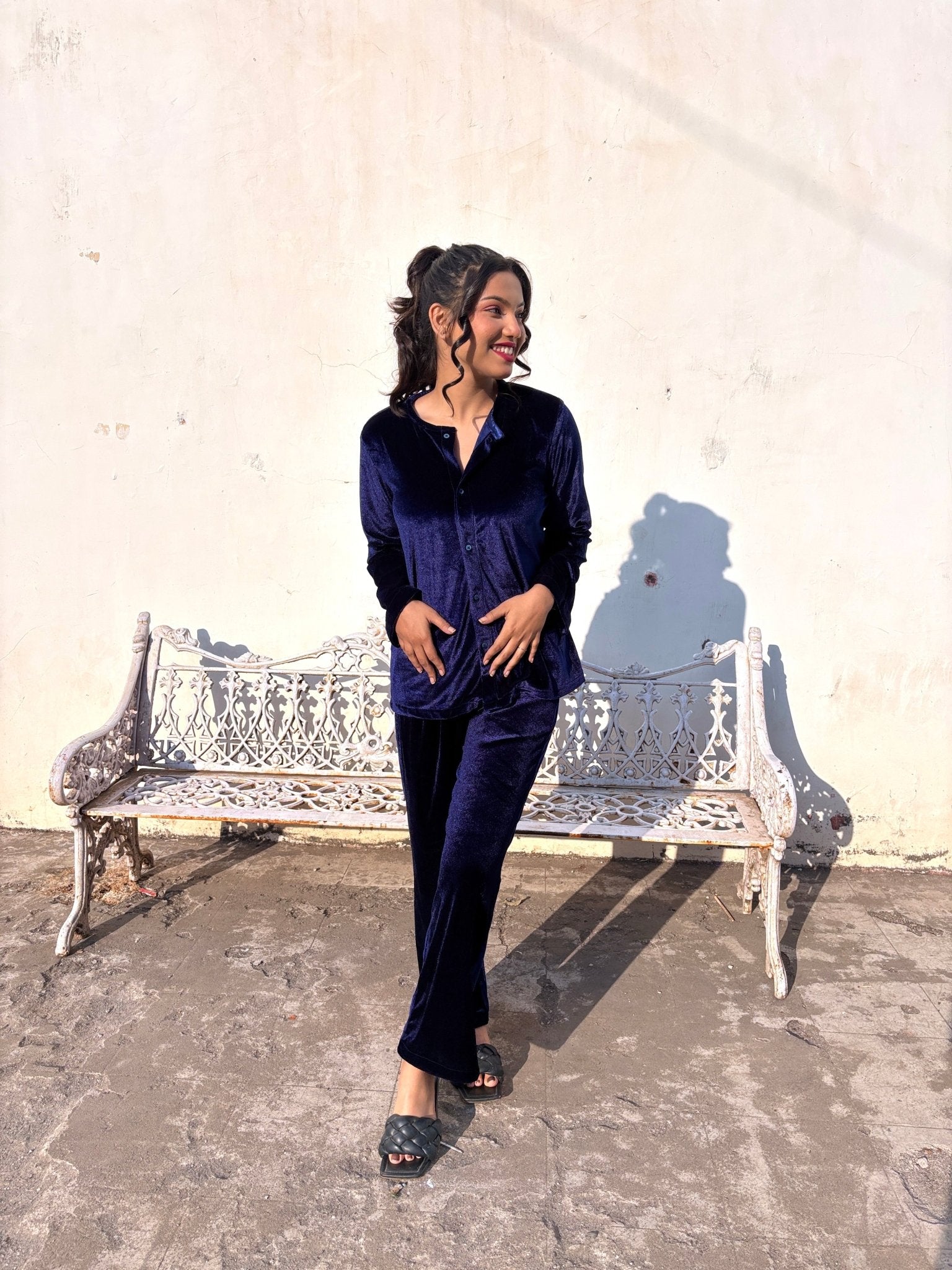 Blue Velvet Top + Wide Legs Pant - Comfy Nights