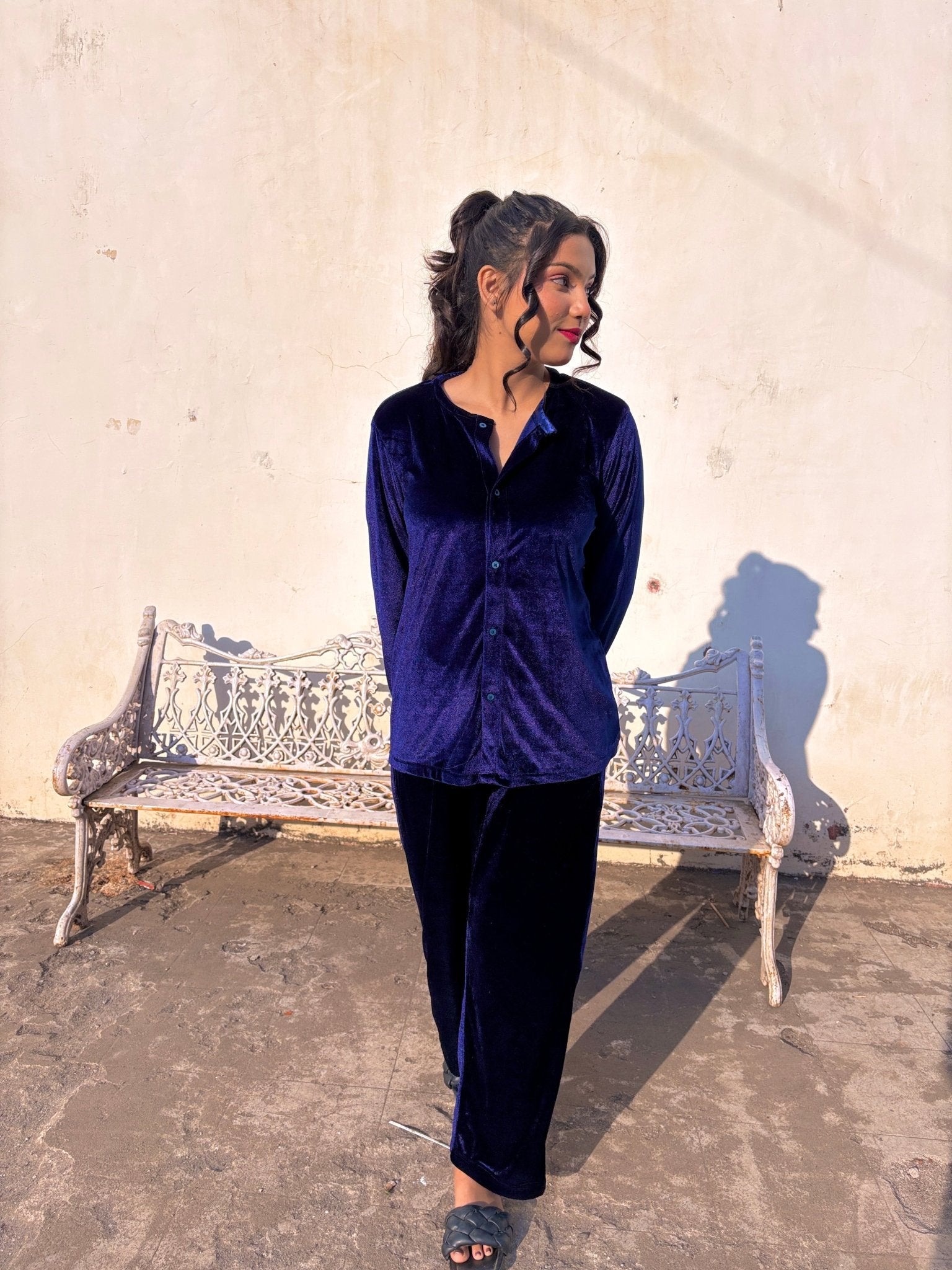 Blue Velvet Top + Wide Legs Pant - Comfy Nights