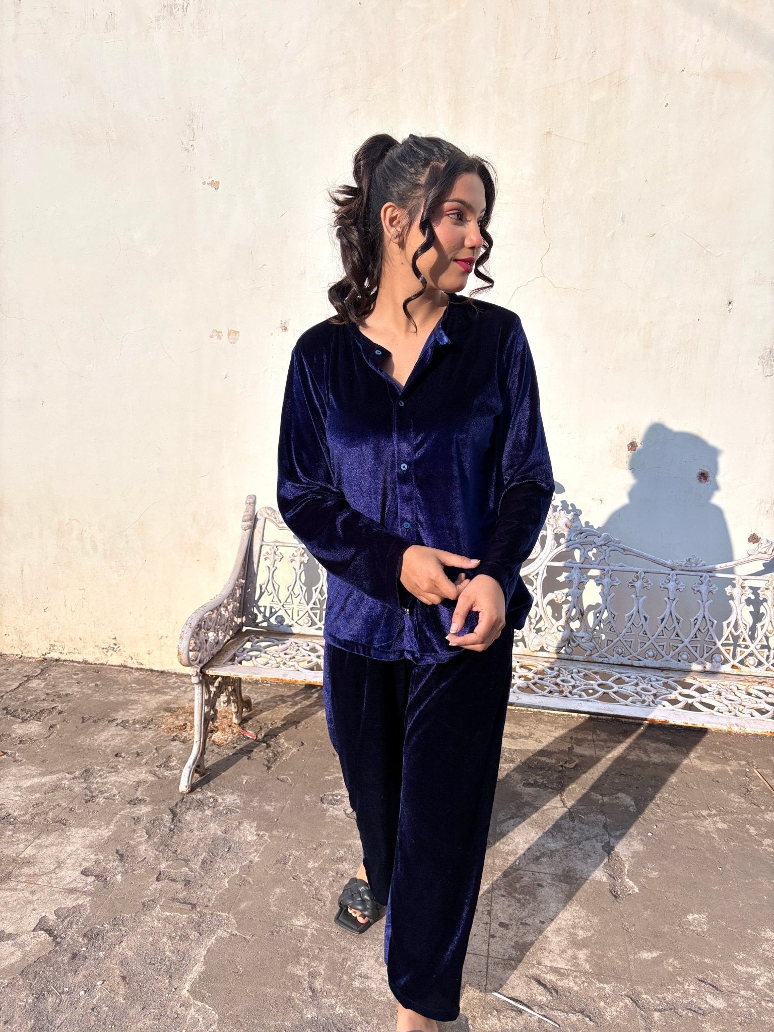 Blue Velvet Top + Wide Legs Pant - Comfy Nights