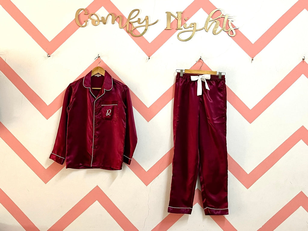 Burgundy Initial Personalise Pocket Pj Set | Prepaid Orders Only - Comfy Nights