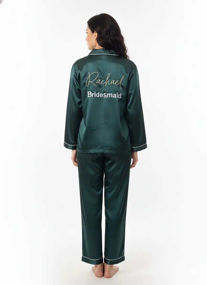 Dark Green Name + Bridesmaid Satin Pj Set | Prepaid Orders Only - Comfy Nights