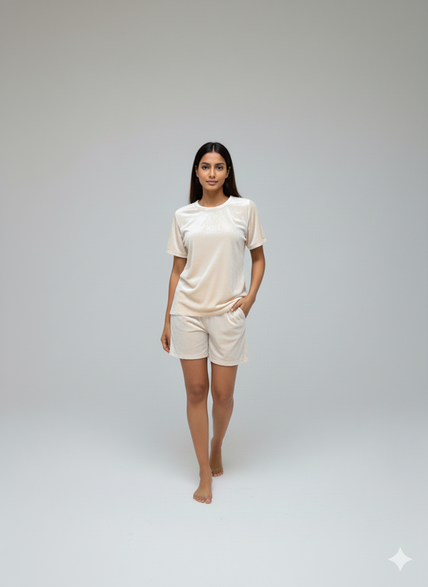 Velvet White Tee + Shorts  Set