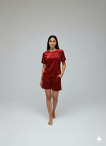 Load image into Gallery viewer, Velvet Red Tee + Shorts  Set
