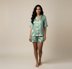 Load image into Gallery viewer, Pastel Green / Lemon Personalised Satin Shorts Set  | Prepaid Orders Only
