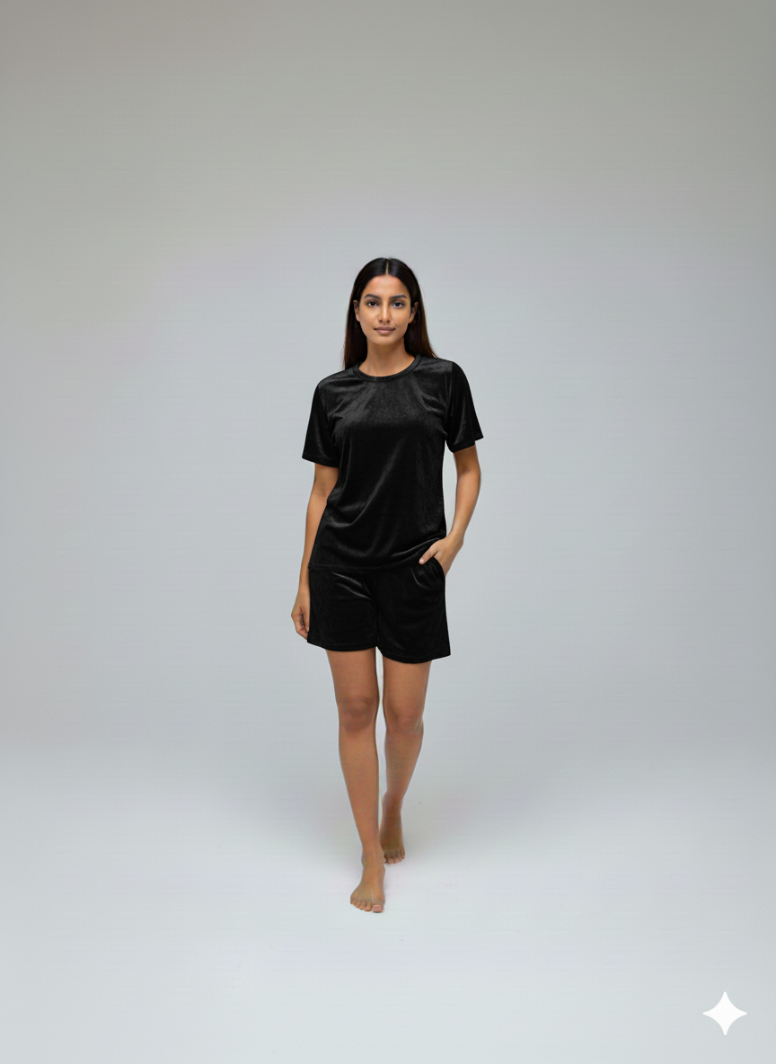 Velvet Black Tee + Shorts Set