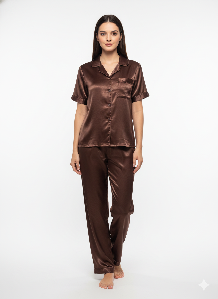Brown Satin Pj Set  | Prepaid Orders Only
