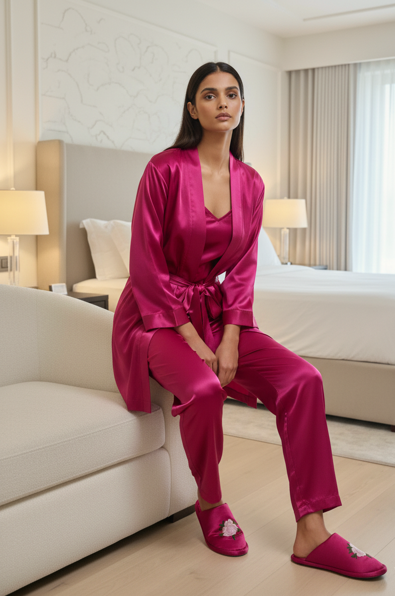 Magenta Personalise Robe Pj Set + Slippers + Camisole For Bride | Prepaid Orders Only