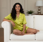 Load image into Gallery viewer, Pastel Green / Lemon Personalised Satin Shorts Set  | Prepaid Orders Only
