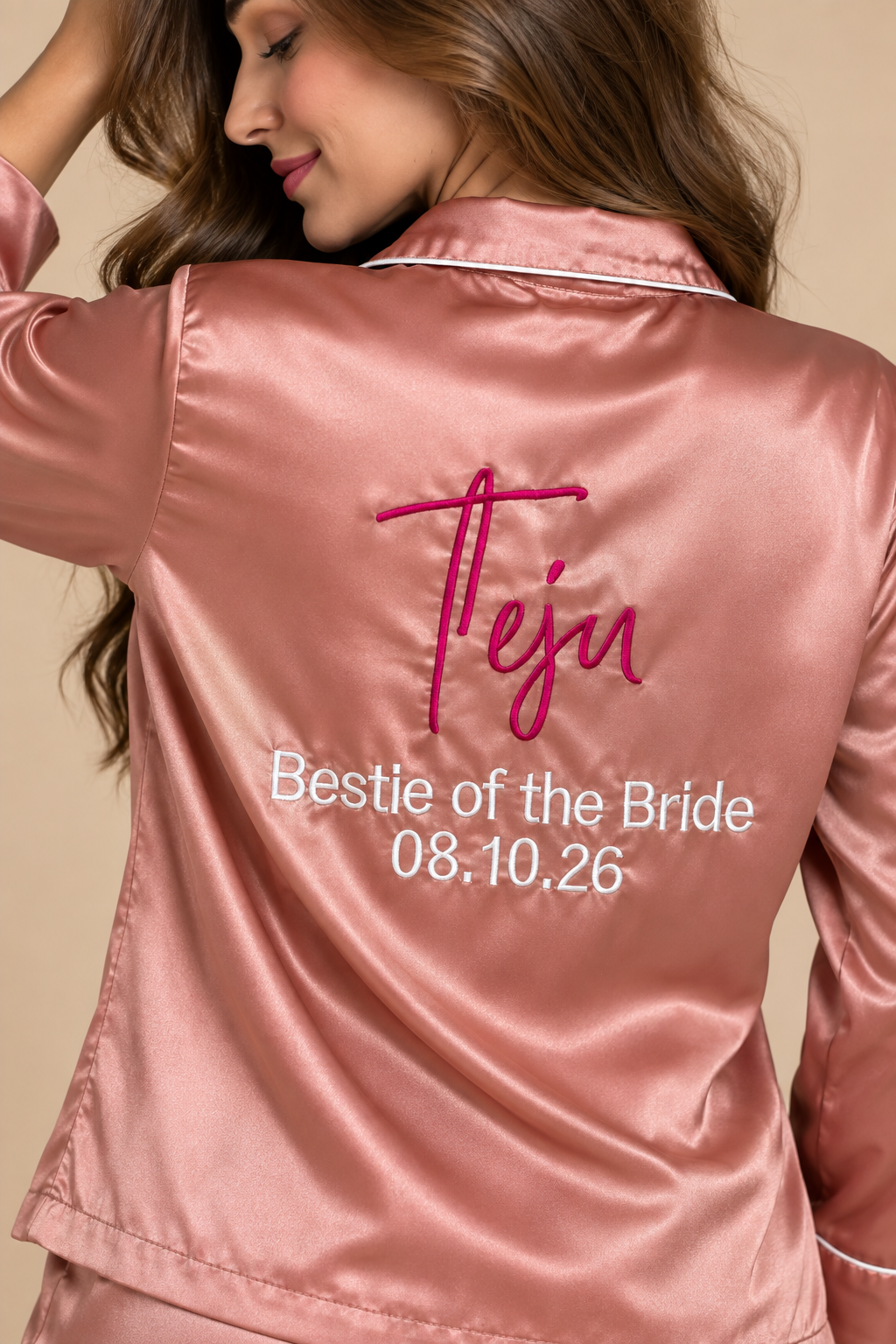Name + Bridesmaid/ Bestie/ Sister/ Mother of the Bride Satin Pj Set  | Prepaid Orders Only