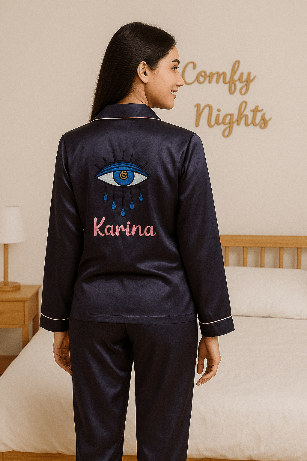 Evil Eye Personalise Back Satin Pj Set | Prepaid Orders Only - Comfy Nights