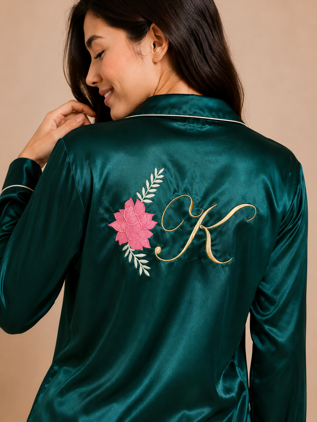 Green Floral Initials Personalise Satin Pj Set