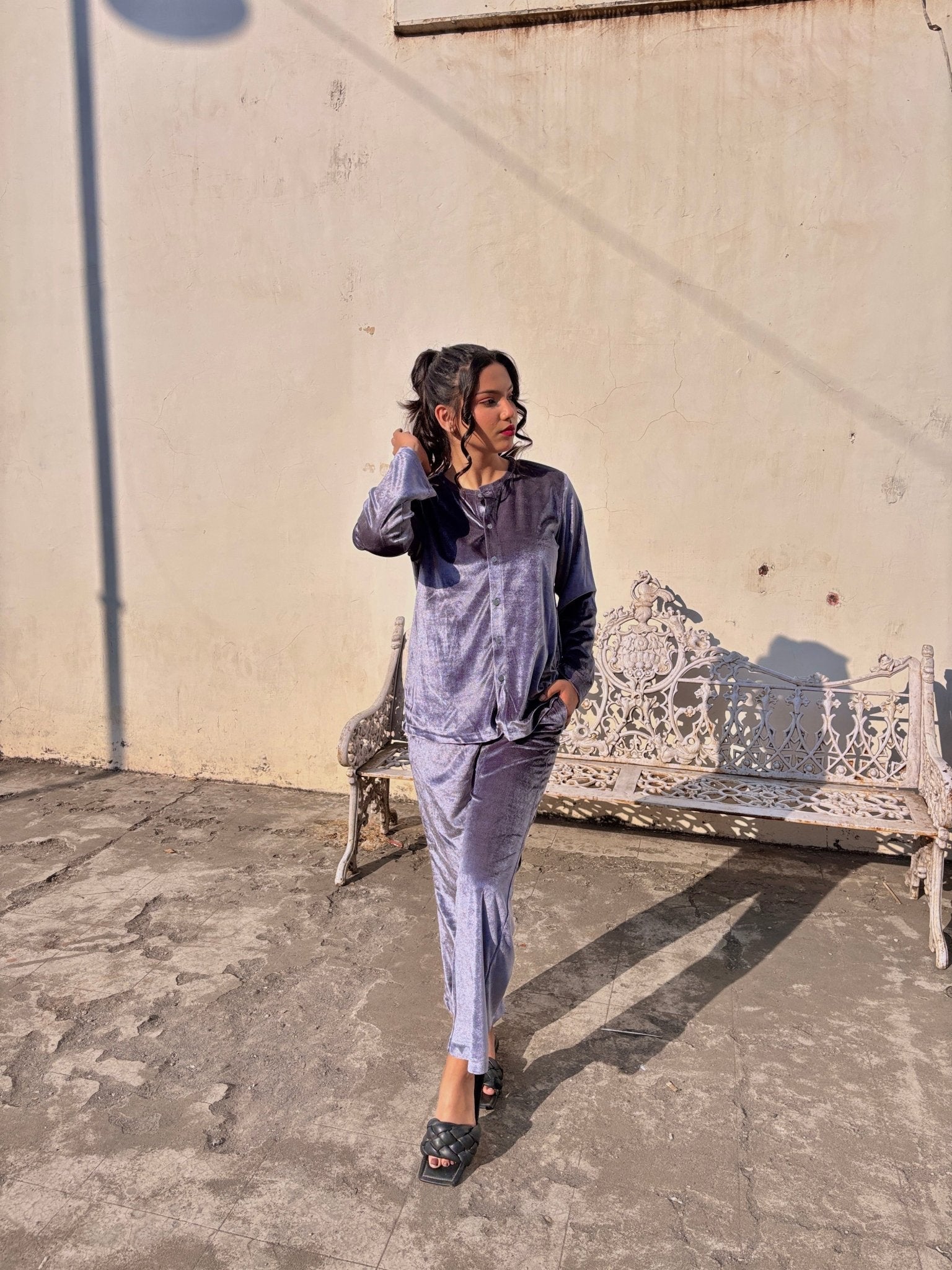 Grey Velvet Top + Wide Legs Pant - Comfy Nights