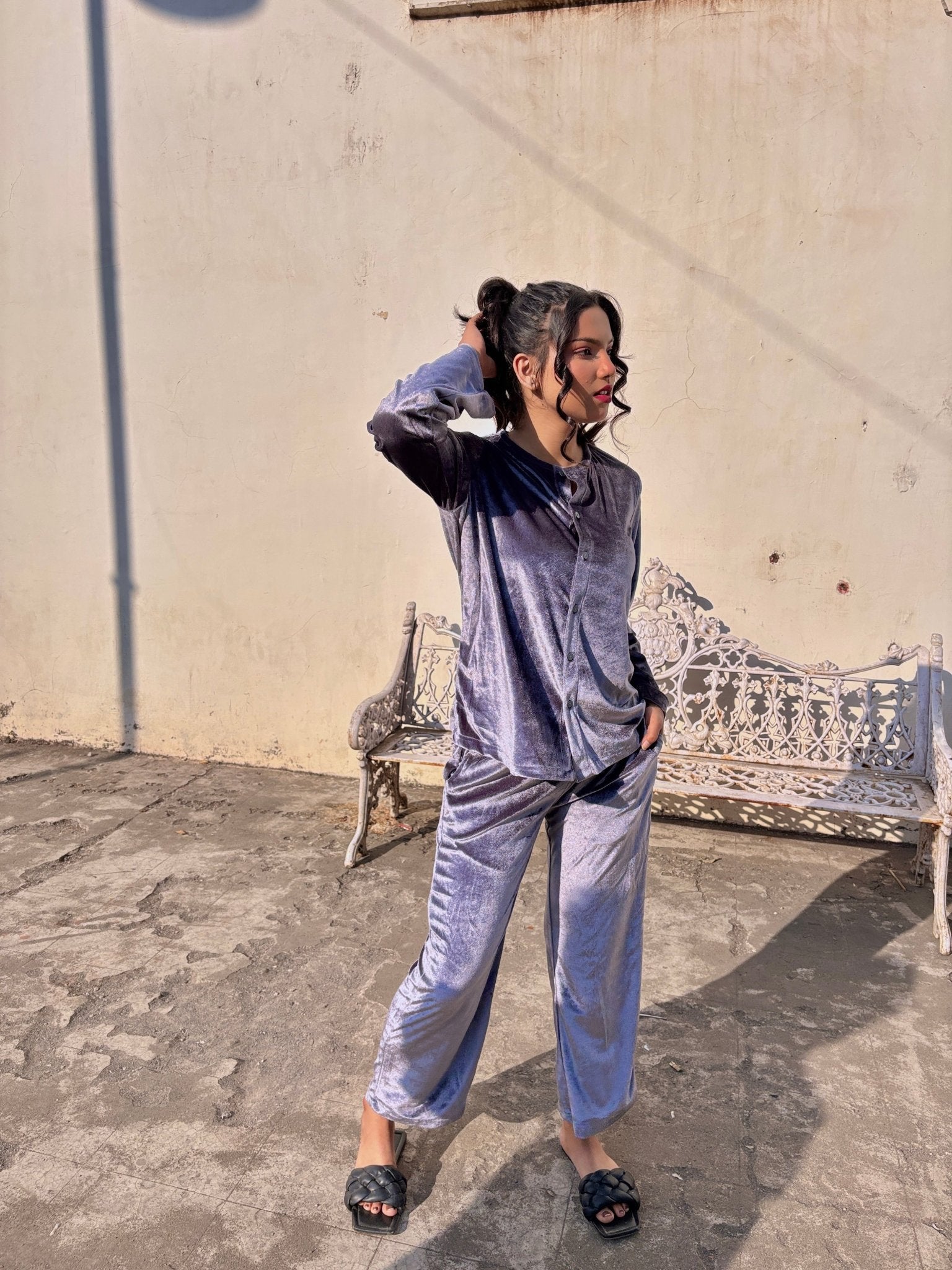 Grey Velvet Top + Wide Legs Pant - Comfy Nights