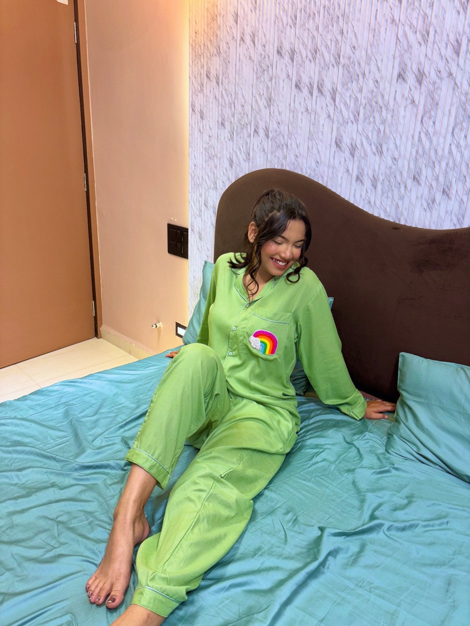 Happy Rainbow Patch Pj Set (Green) - Comfy Nights