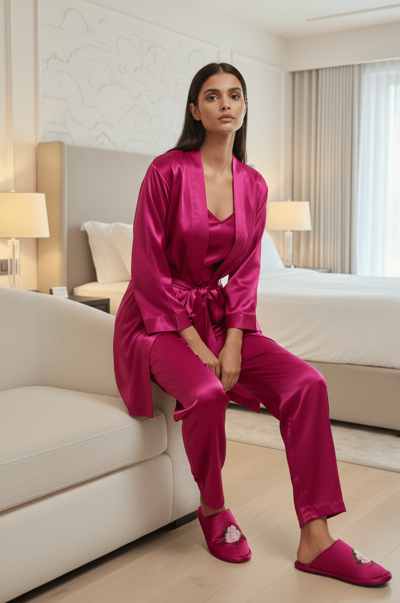 Magenta Personalise Robe Pj Set + Slippers + Camisole For Bride | Prepaid Orders Only - Comfy Nights