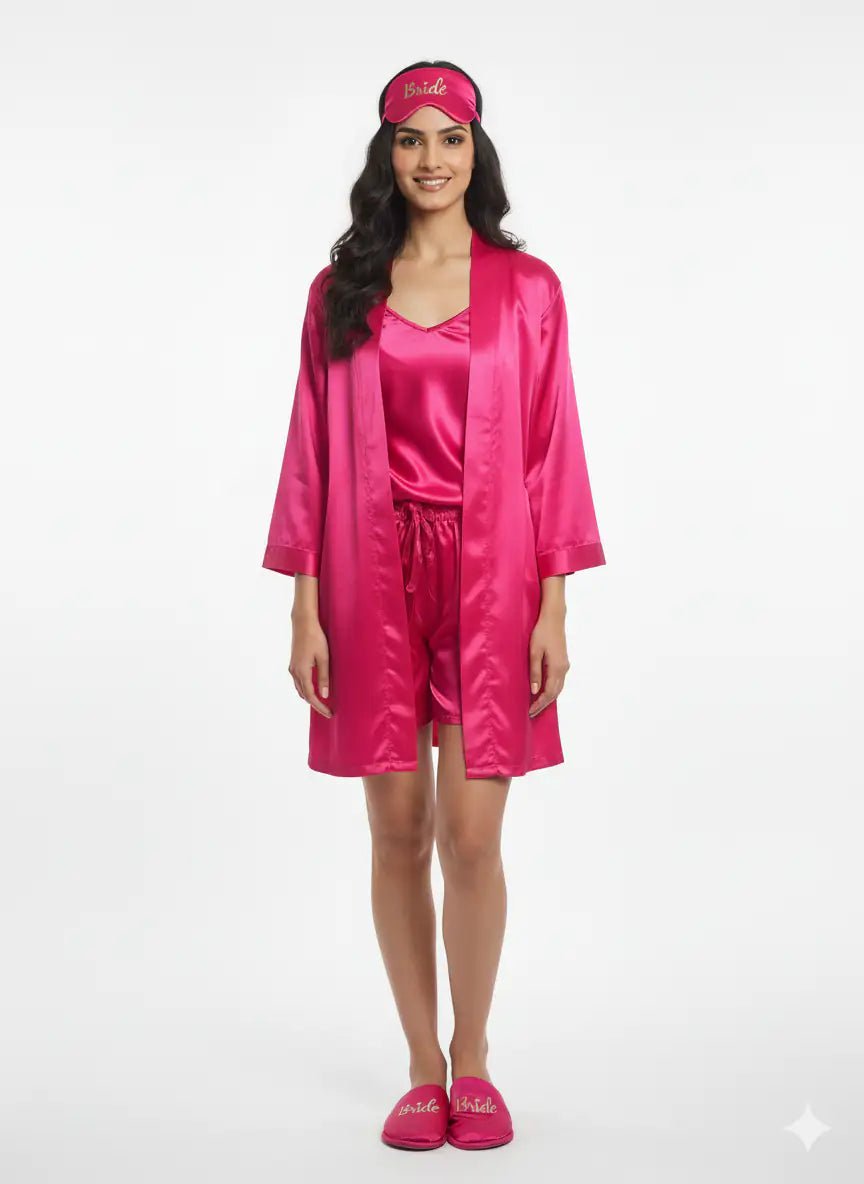 Magenta Personalise Robe + Slippers + EyeMask+ Camisole+ Shorts For Bride | Prepaid Orders Only - Comfy Nights