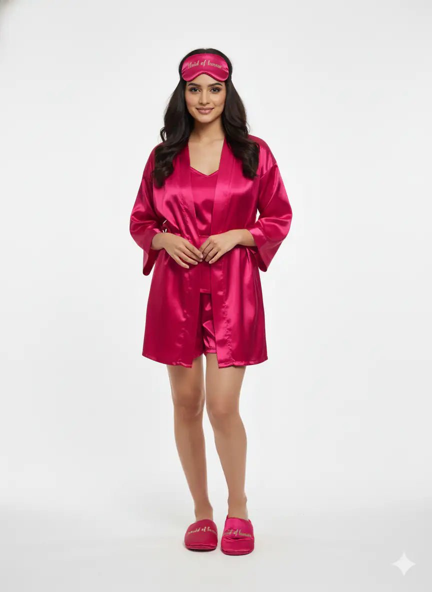 Magenta Personalise Robe + Slippers + EyeMask+ Camisole+ Shorts For Maid of Honour/Bridesmaid | Prepaid Orders Only - Comfy Nights