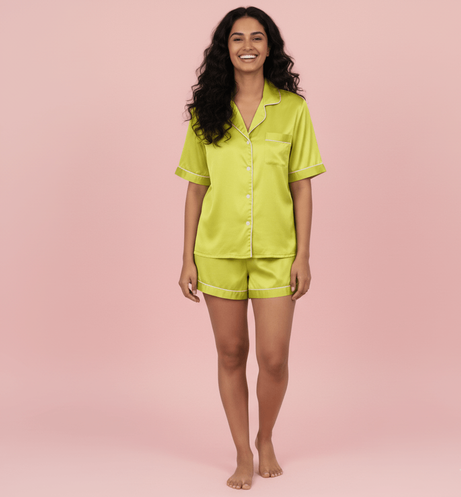 Pastel Green / Lemon Personalised Satin Shorts Set | Prepaid Orders Only - Comfy Nights