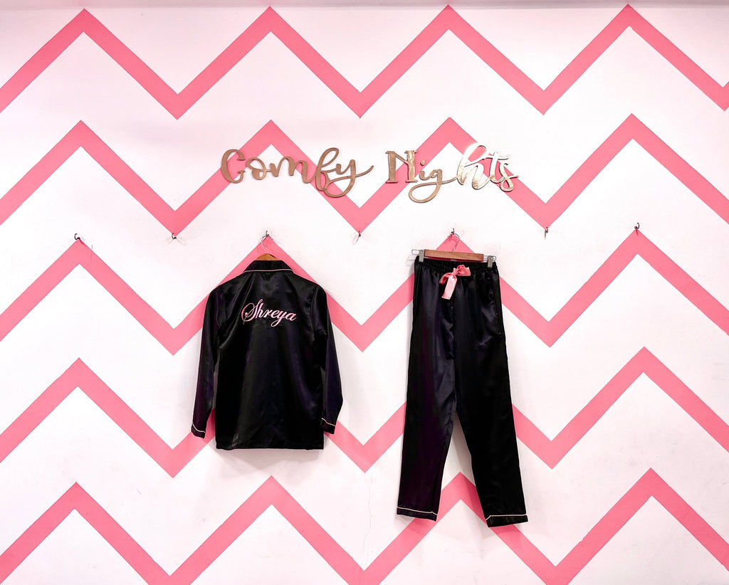 Personalised Black Satin Pj Set | Prepaid Orders Only - Comfy Nights
