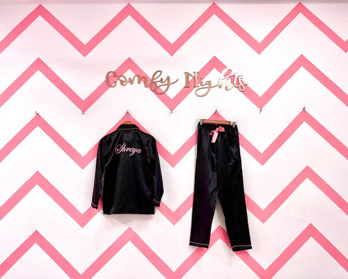 Personalised Black Satin Pj Set | Prepaid Orders Only - Comfy Nights