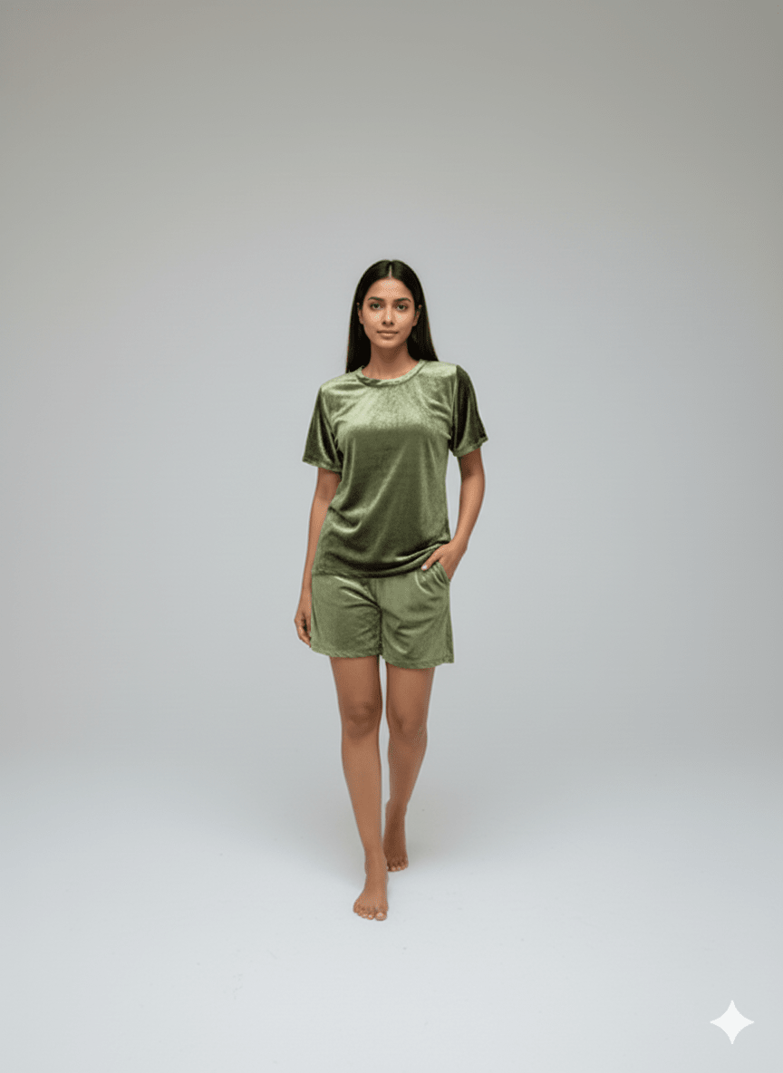 Velvet Olive Tee + Shorts Set - Comfy Nights
