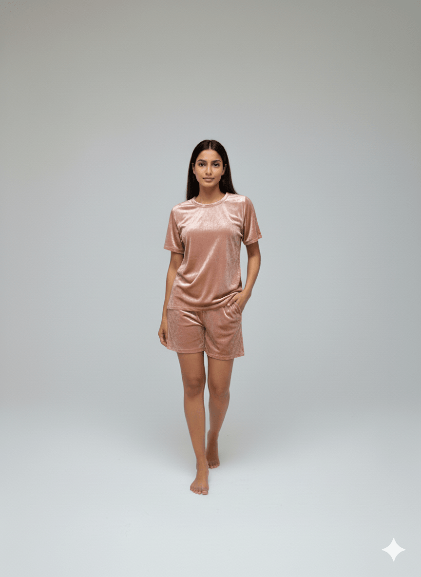 Velvet Rose Gold Tee + Shorts Set - Comfy Nights