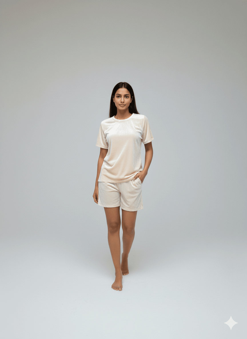 Velvet White Tee + Shorts Set - Comfy Nights