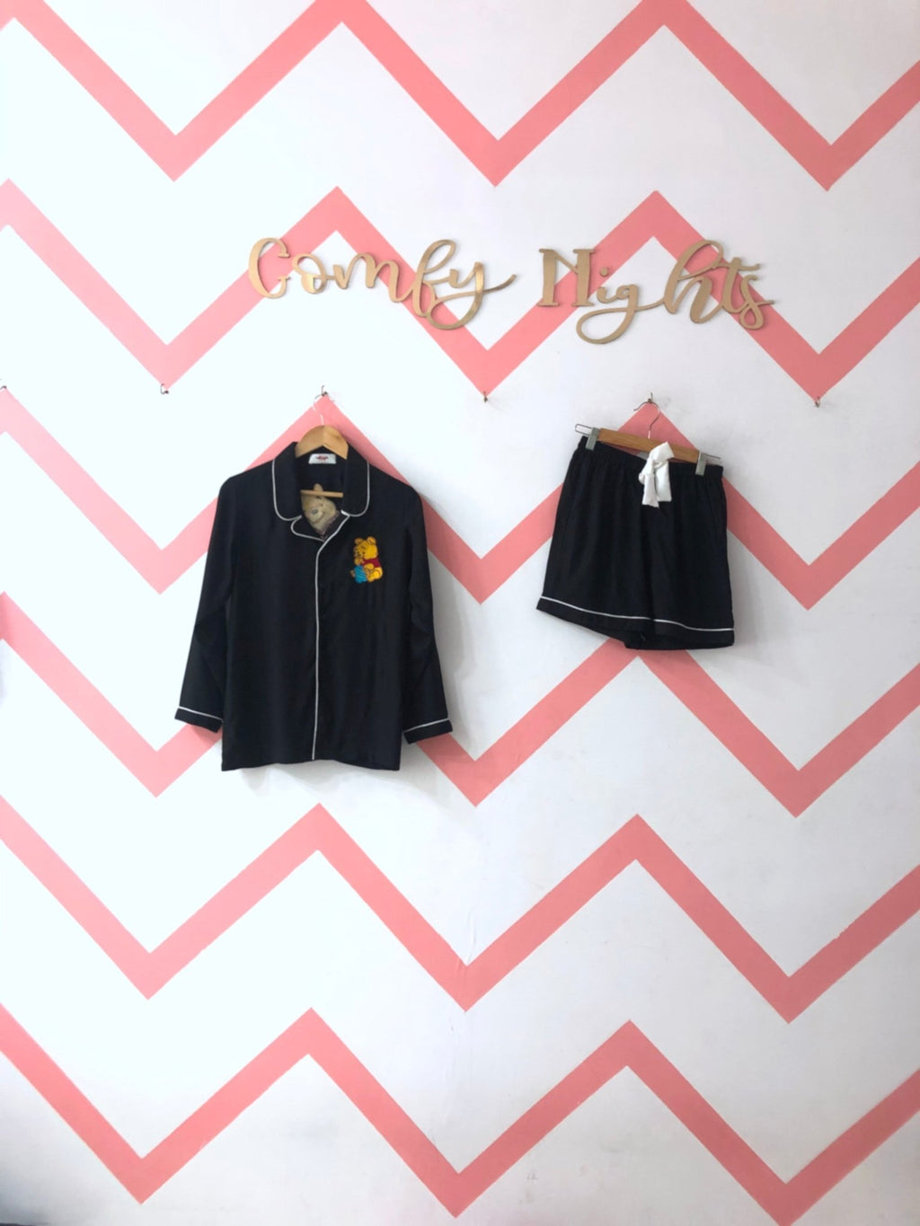Personalise Pooh Bear Shorts Set (Black) | Prepaid Orders Only - Comfy Nights
