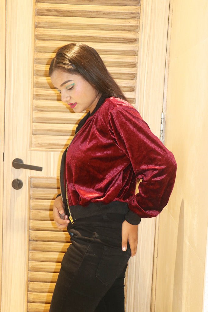 Wine Velvet Bomber Jacket - Comfy Nights